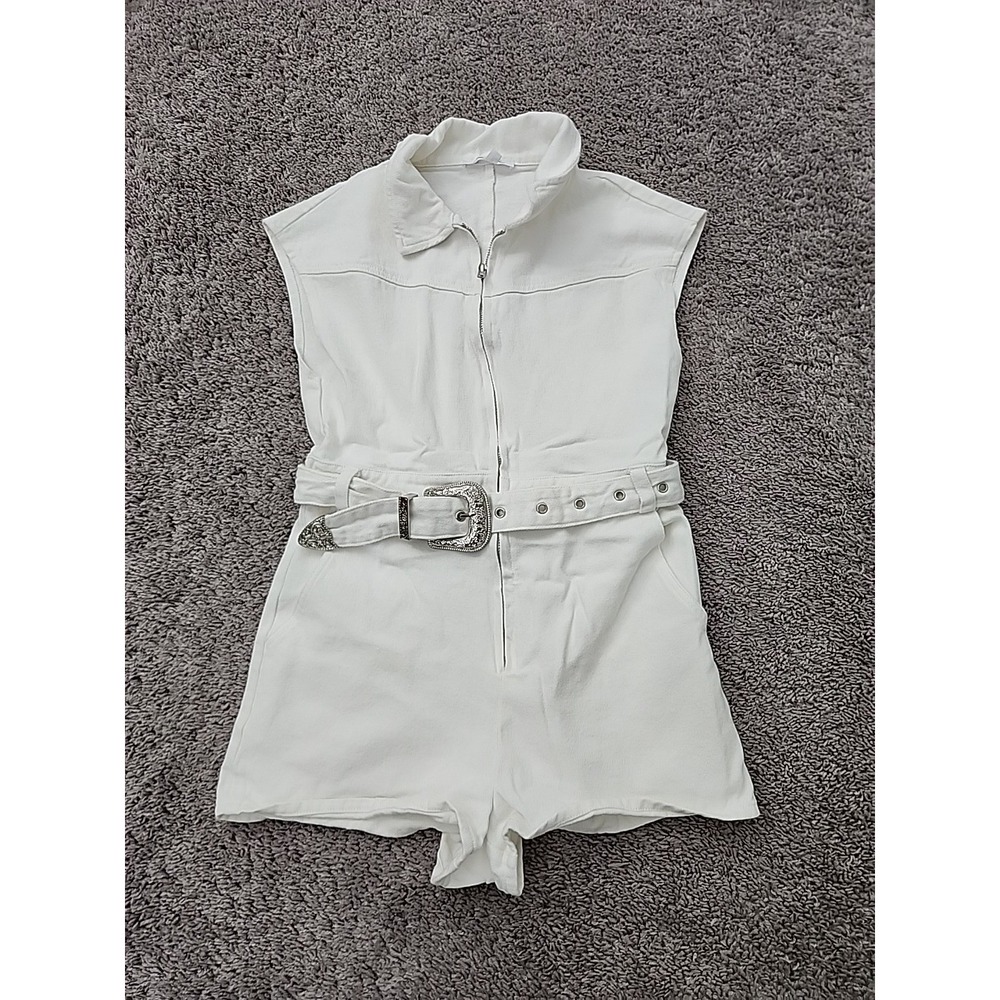 Cloud Fern Denim Romper Womens S White Front Zip Collared Removable Belt